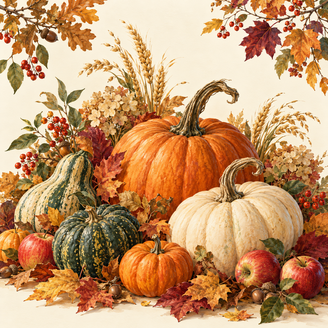 Botanical illustration of orange and ivory pumpkins, gourds, wheat and colorful autumn leaves